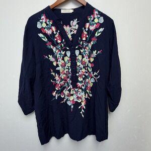 Solitaire Embroidered Floral Rayon Tunic Navy V-Neck 3/4 Sleeve Size L Boho